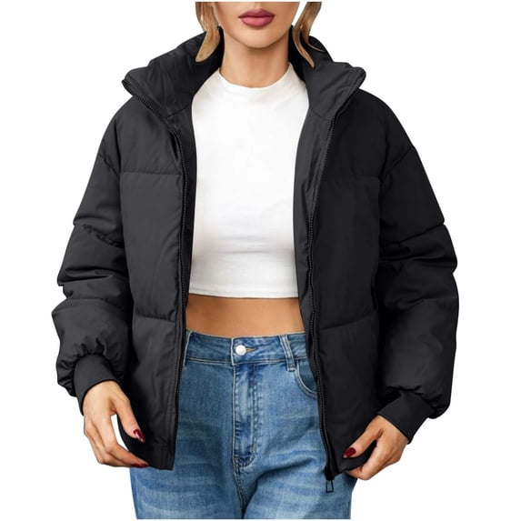 ELABCH Women's Cropped Down Jackets & Parkas Warm Jackets Down Jacket Junior Winter Coats for Teen Girls Lapel Button Zipper Coat tops Warmer Comfortable Solid Bread Padded Short Coat Outwear, S-XL