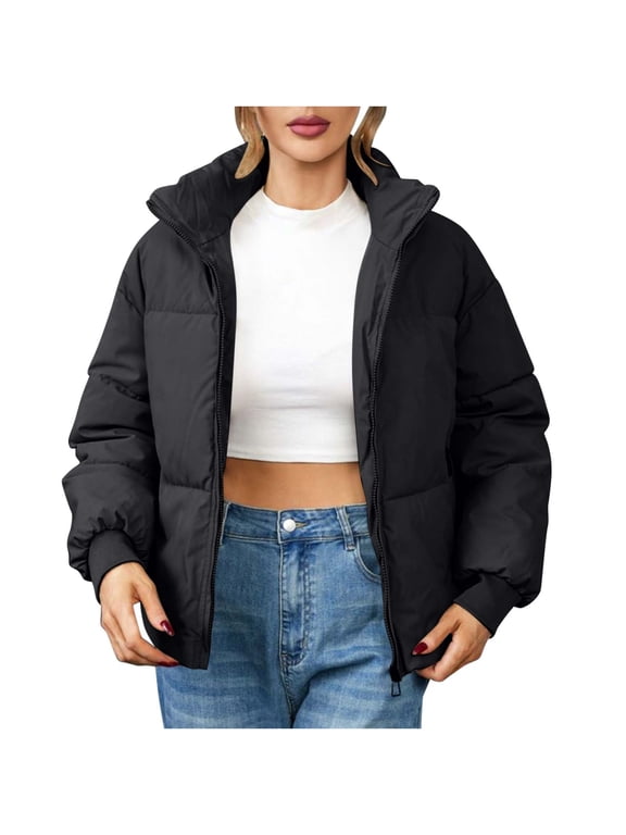 Women's Cropped Down Jackets & Parkas Warm Jackets Down Jacket Junior Winter Coats for Teen Girls Lapel Button Zipper Coat tops Warmer Comfortable Solid Bread Padded Short Coat Outwear, S-XL