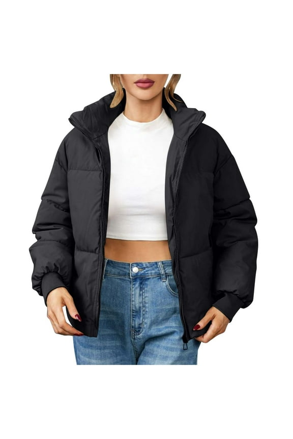Women's Cropped Down Jackets & Parkas Warm Jackets Down Jacket Junior Winter Coats for Teen Girls Lapel Button Zipper Coat tops Warmer Comfortable Solid Bread Padded Short Coat Outwear, S-XL