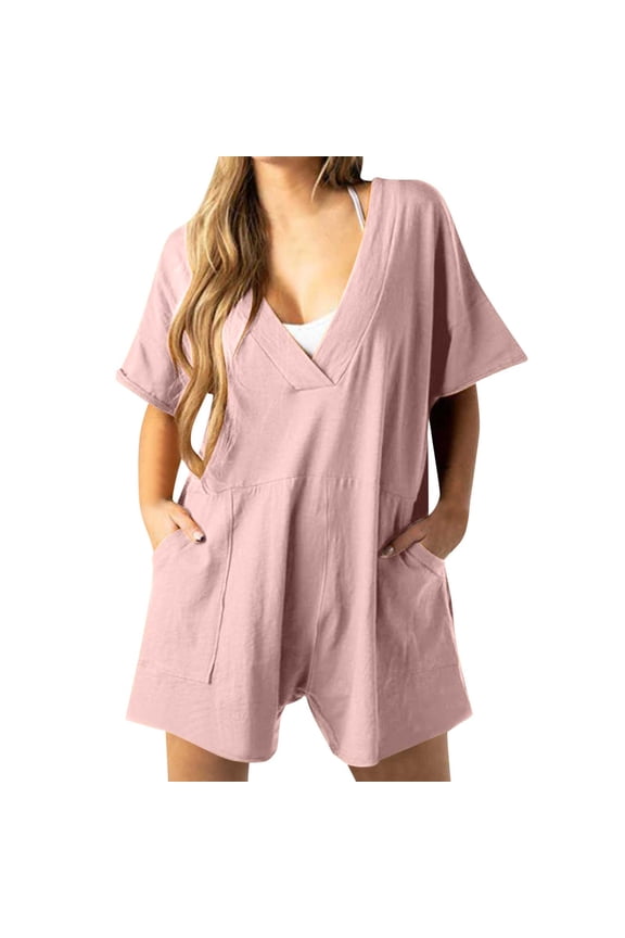 Women's Plus Size Jumpsuits Casual Rompers Summer Outfits Workout Tee Rompers Loose Short Sleeve Pants with Pocket Pink 2XL