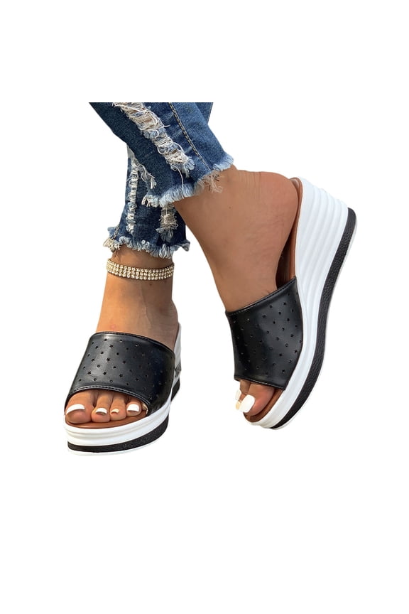 Women's Slippers Fish Mouth Slope Heel Fashion Casual Large Size Straight Line Sandals Slippers Gray