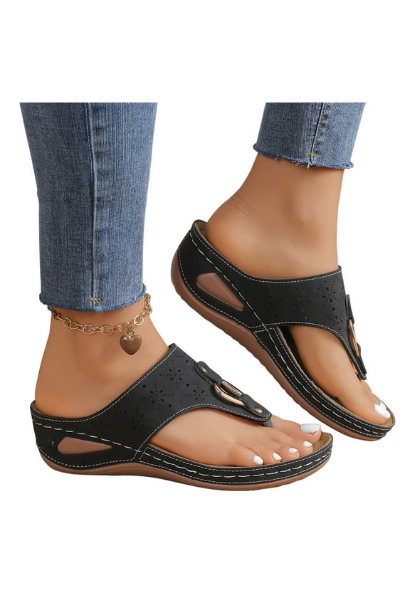 Women's Slippers Hollow Metal Circle Thick Soled Wedge Heel Flip Flops Black
