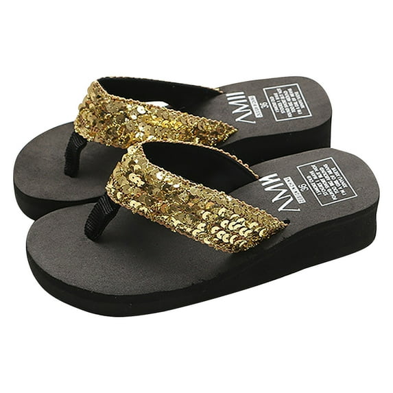 ELABCH Women's Slippers Summer Fashion Sequin Flip Flops with Platform Beach Sandals Gold