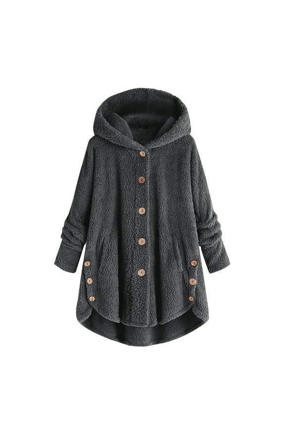 Womens 2024 Winter Hooded Cardigans Button Up Fleece Coat, Plus Size Flannel Women's Fleece Jackets Coats, Winter Warm Button Plush Long Coat Fuzzy Jackets Outerwear with Pockets