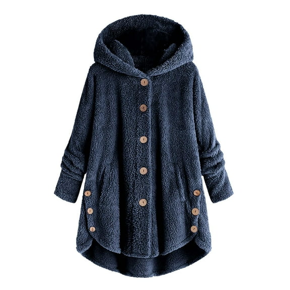 ELABCH Womens 2024 Winter Hooded Cardigans Button Up Fleece Coat, Plus Size Flannel Women's Fleece Jackets Coats, Winter Warm Button Plush Long Coat Fuzzy Jackets Outerwear with Pockets
