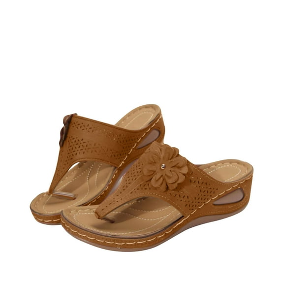 ELABCH Womens Sandals, Sandals for Women, Wedge Sandals for Women, Open toe Comfortable Dressy Sandals Women, Casual Summer Beach T-Strap Shoes Slides Walking Flip Flops for Women Brown 5.5