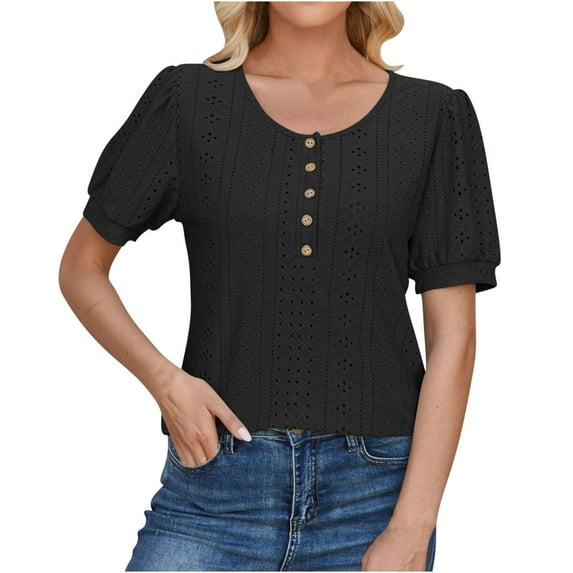 ELABCH Womens Summer Tops Loose Round Neck Tops Fashion Solid Color Tops Black L