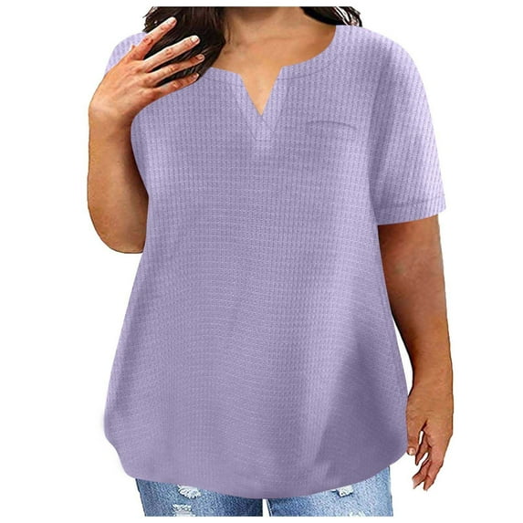 ELABCH Womens Summer Tops V-neck Plus Size Solid Color Sleeve Short Sleeve Tops Stylish Casual Blouse Purple XL