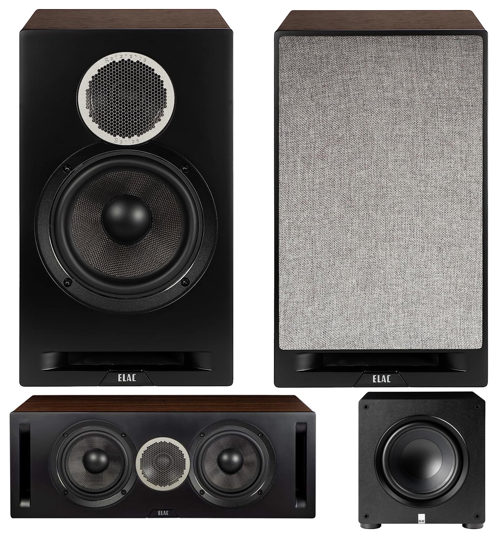 ELAC DBR62-BK Debut Reference Bookshelf Speaker Pair with a DCR52-BK Debut Reference Center Speaker with 5.25" Woofers and a ELAC PS350-BK Varro Premium 12 Inch 350W Subwoofer with App Control (2019)