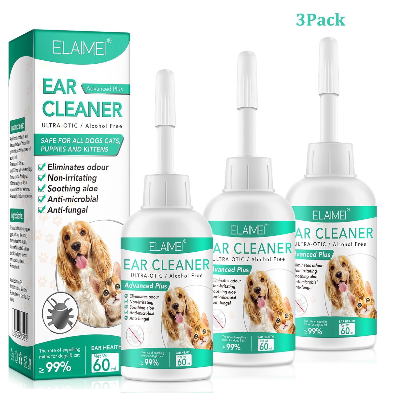 ELAIMEI Cats & Dogs Ear Cleaner with Aloe Vera Extract, Reduces