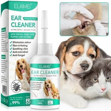 ELAIMEI Cats & Dogs Ear Cleaner with Aloe Vera Extract, Reduces Pet Ear Wax, Dirt, Debris, Odors, Mild & Anti-Microbial ,60ml