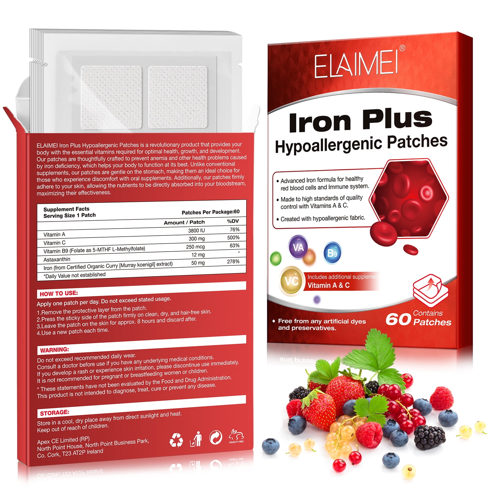 ELAIMEI Iron Plus Hypoallergenic PatchesIron Supplement Patch with