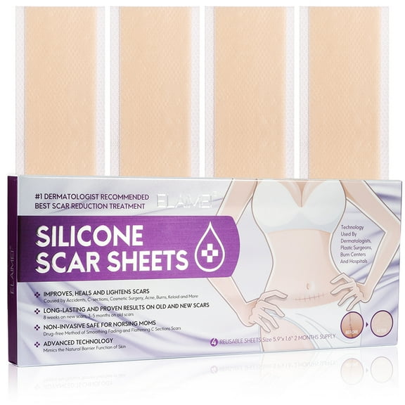 ELAIMEI Silicone Scar Sheets, Reusable Scar Removal Strips for Acne, Keloid, Burn, C-Section, Surgical Scar Treatment (4 Sheets, 5.9"x1.6", 2 Months Supply)