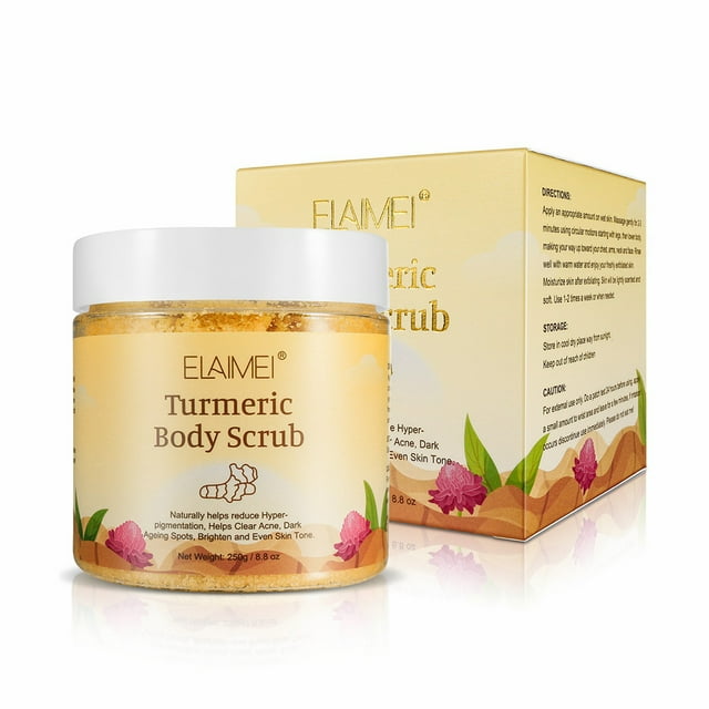 ELAIMEI Turmeric Body Scrub, All Natural Exfoliating Body Scrub for Skin Care, Stretch Marks, Acne & Cellulite, Moisturizing and Exfoliating Body, Face, Hand, Foot Scrub - 8.8 oz