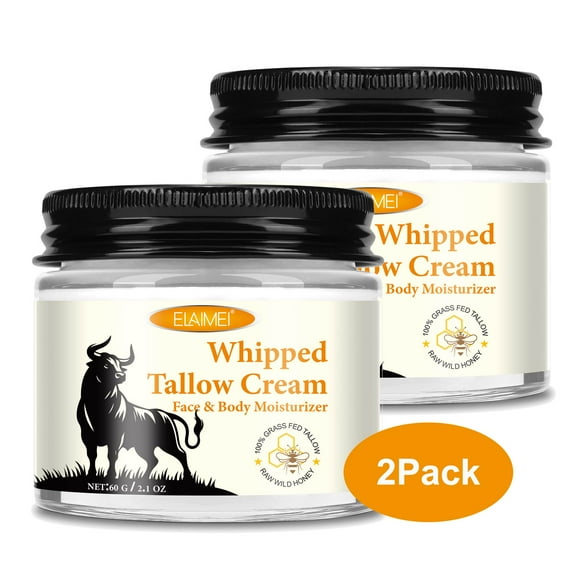 ELAIMEI Whipped Tallow Cream for Skin, Tallow and Honey Balm, Natural Whipped Tallow Cream for Face & Body Moisturizer, Honey & Beeswax, Body Lotion Skin Care for Sensitive Skin, 2.1 Oz (2Pack)