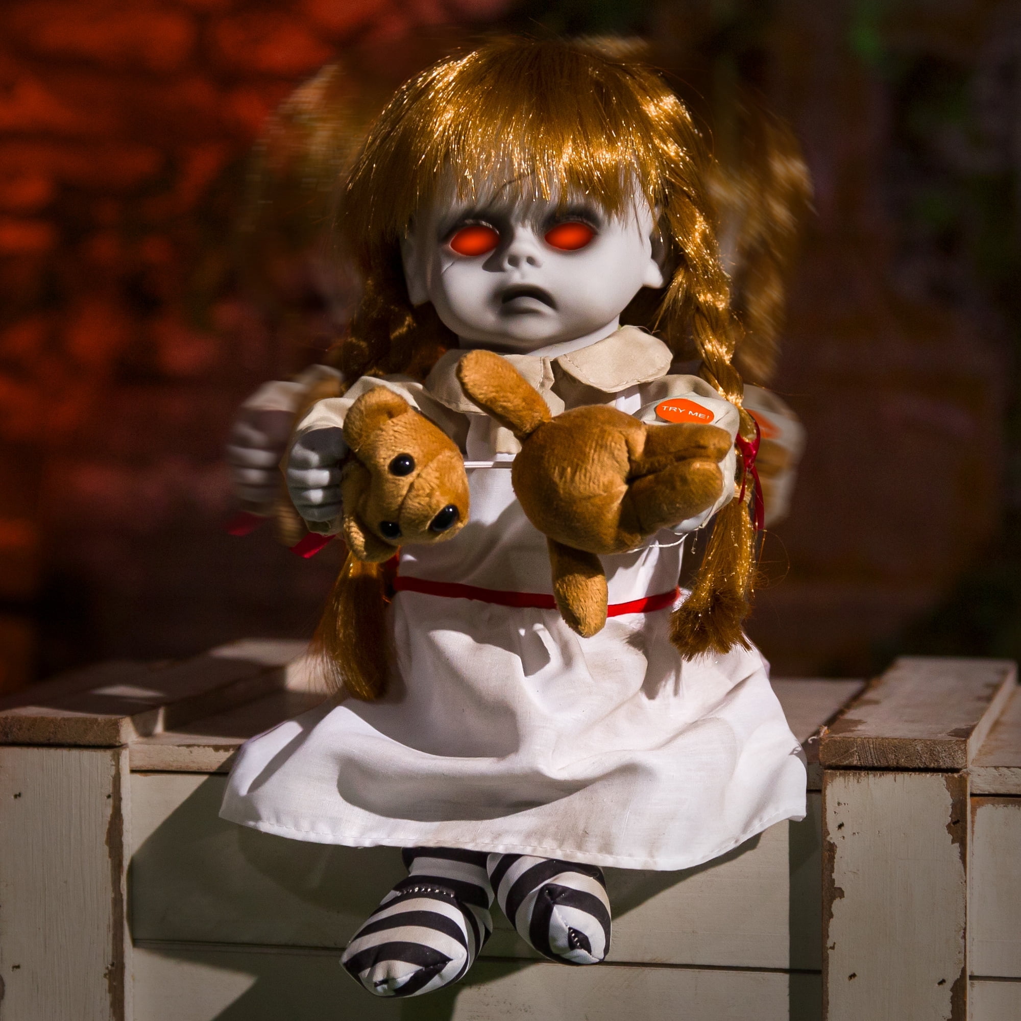 ELAMAS 10 Inch Animatronic Creepy Girl Doll Halloween Animated Decorations with Sound Activated Spooky Sound, Light Up Eyes, Scary Move, Haunted House Holiday D