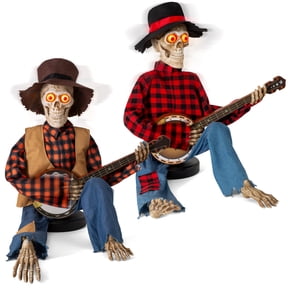Halloween Animatronics Banjo Skeletons Duo Decorations, Animated Skull with Sound Activated Funny Voice Light Up Eyes, Playing Musical Plug-in Powered Halloween Prop Decor for Indoor Outdoor Yard Law