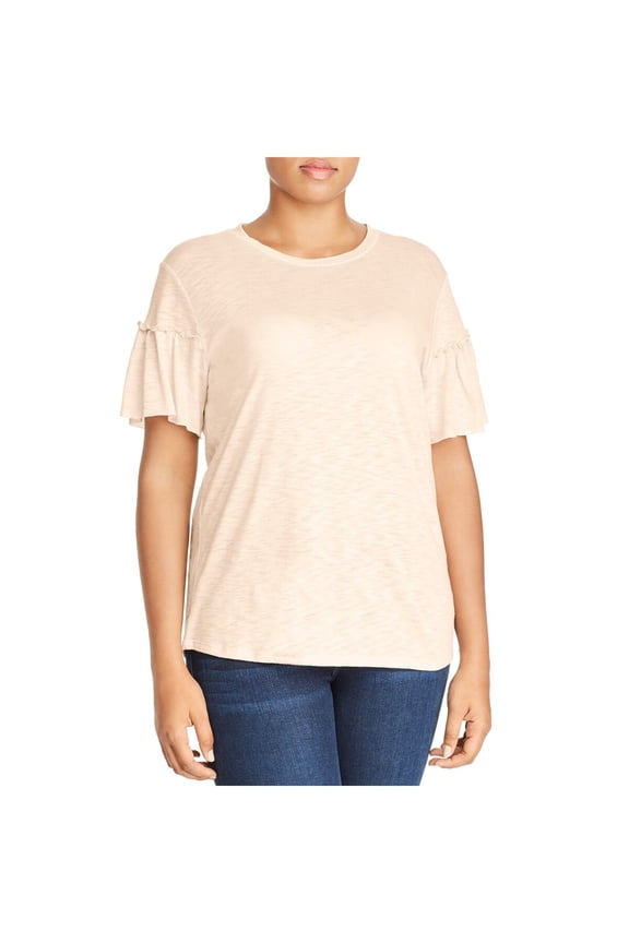 Womens Pink Ruffled Short Ruffle-sleeve Crew Neck T-Shirt Plus 1X