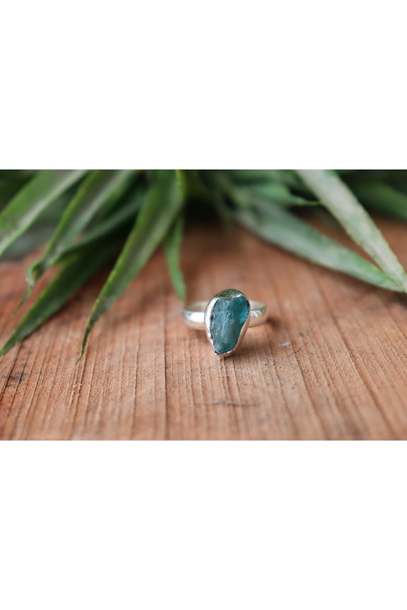 - Aquamarine Raw Stone Ring - Natural Blue Gemstone Bohemian Statement With 925 Sterling Silver Band