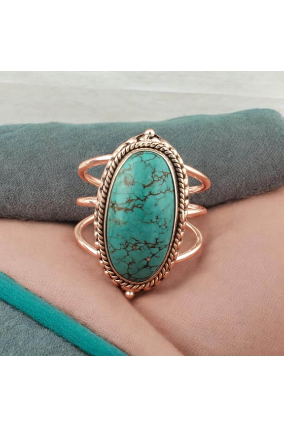 - Blue Turquoise Ring - Artisan Crafted 925 Sterling Silver Oval Gemstone with Adjustable Split Band
