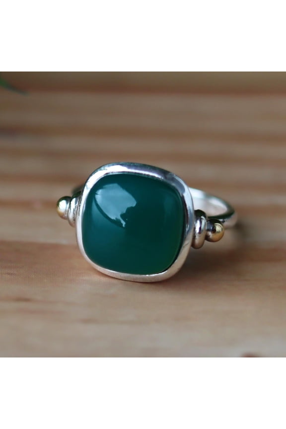 - Green Onyx Ring Cushion Cut Gemstone | Handcrafted Silver Statement Jewelry, Boho Minimalist Style
