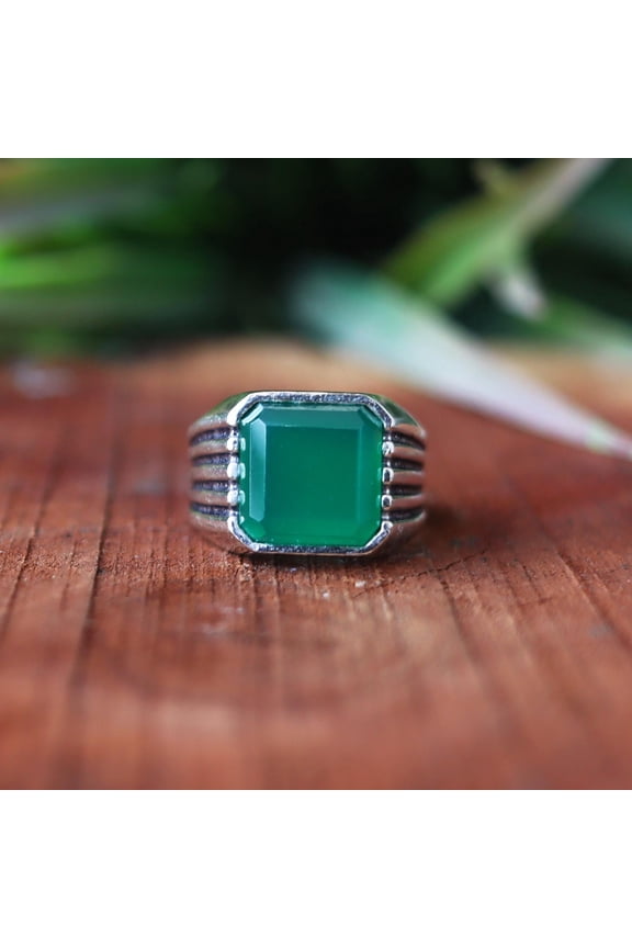 - Green Onyx Ring Mens Signet Sterling Silver Band With Bold Square Gemstone, Sizes 9-13