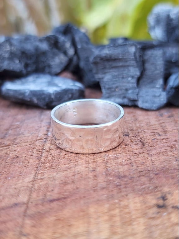 Hammered Silver Ring, 8mm Wide Oxidized Finish Artisan Band