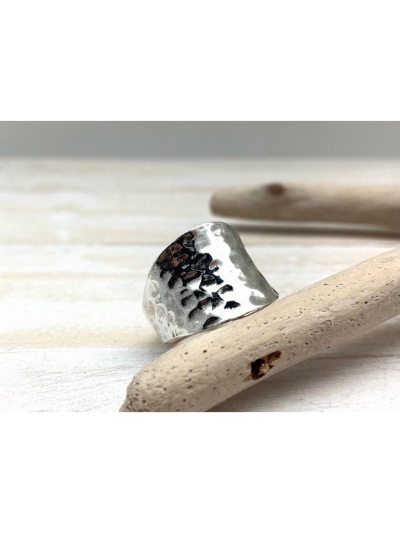Hammered Silver Ring, Wide Concave Band with Textured Finish