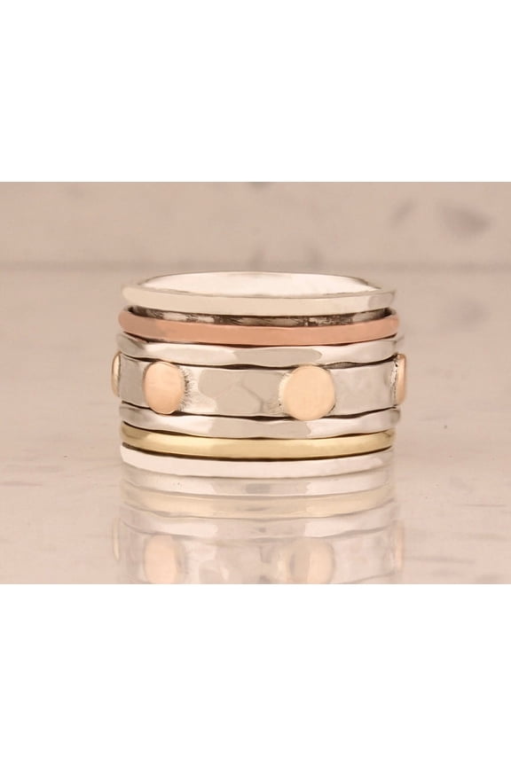 - Hammered Spinner Ring | Wide Band Sterling Silver Trio Stone Moonstone Garnet Lapis Jewelry