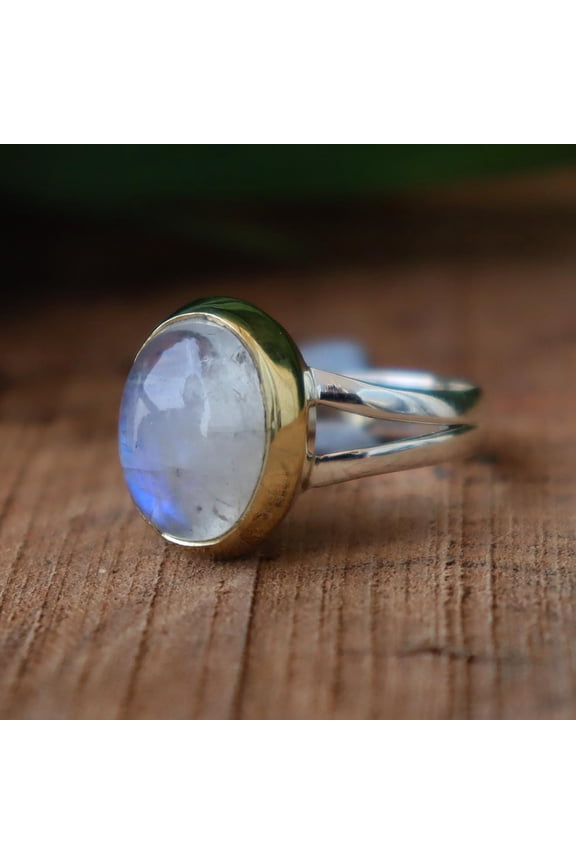 - Handmade Moonstone Ring Adjustable 925 Sterling Silver Band with Rainbow Fire Moonstone Boho Jewelry