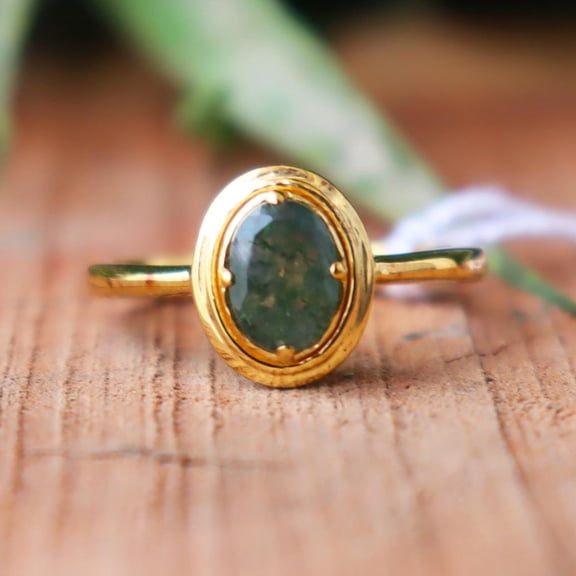 ELANZAA JEWELS- Moss Agate Ring - Gold Vermeil & 925 Silver Band | Natural Gemstone, Dainty Stacking Fine Jewelry Piece
