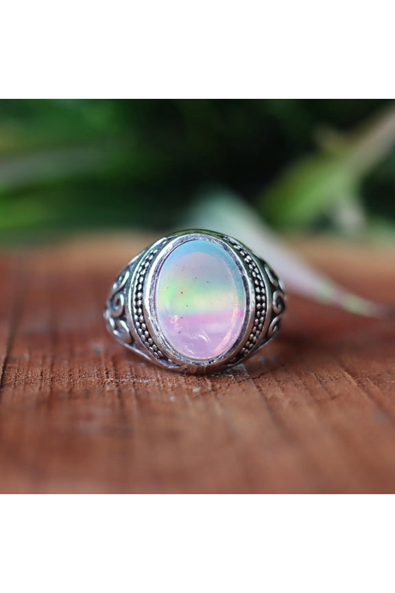 - Pink Aura Opal Ring Handmade 925 Sterling Silver Boho Band with Oval Cut Gemstone for Emotional Healing