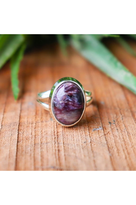 - Purple Gemstone Ring Handmade Oval Cabochon Boho Statement Jewelry in 925 Sterling Silver