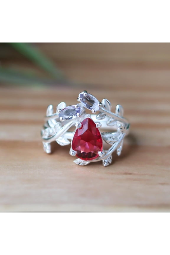 - Ruby Pear Cut Ring Handmade Sterling Silver Ring with Dainty Pear Shaped Ruby and Amethyst Gemstones for Fine Jewelry Gift