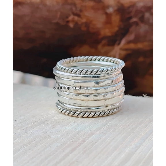 ELANZAA JEWELS Silver Ring Set, Handcrafted Minimalist Stacking Bands, Polished Dainty Rings