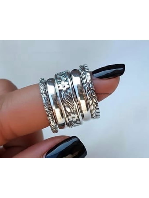 Silver Stacking Rings, Hand Etched Open Wrap Band Set, Polished Finish