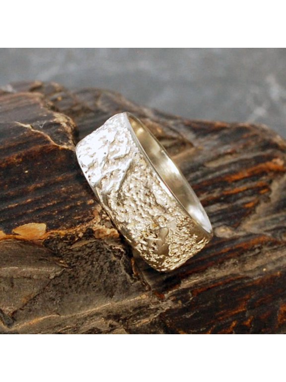 Silver Wide Ring, Textured Artisan Band with Engraved Details