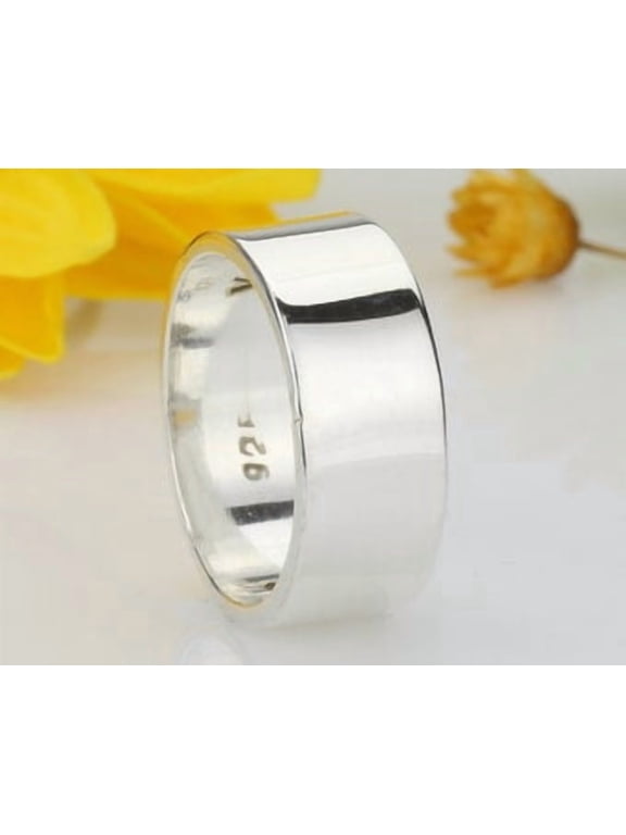 Silver wedding ring 8mm Flat Cigar Band, Polished Minimalist Men's Jewelry