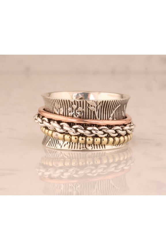 - Sterling Silver Anxiety Ring Three-Tone Spinner Band with Twisted Rope Design for Stress Relief Jewelry