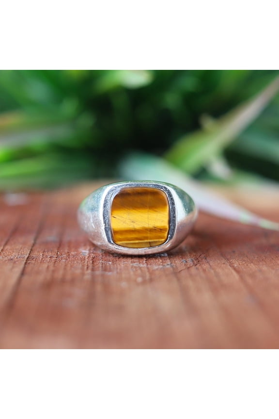 - Tiger Eye Ring Artisan Sterling Silver Wide Band Boho Signet for Bold Statement Jewelry