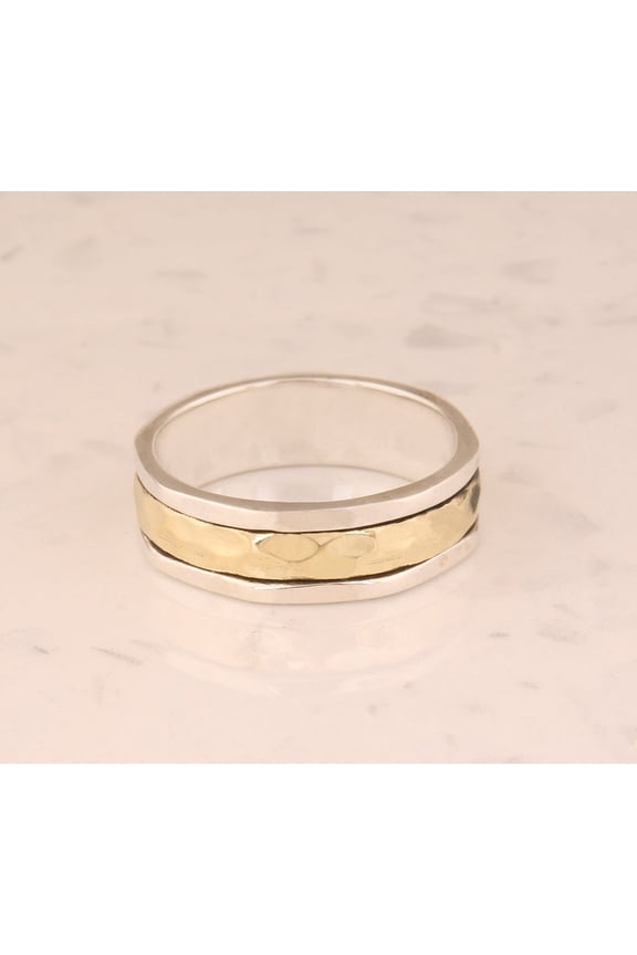 - Two Tone Spinner Ring Hammered Finish Textured Band | Anxiety Relief Sterling Silver Ring
