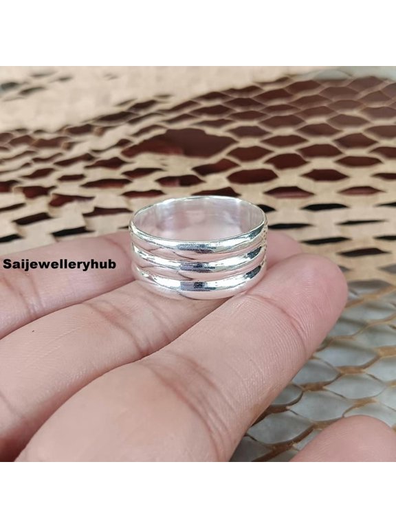chunky silver ring, 10mm Wide Three-Row Stackable Band, Polished Architectural Design