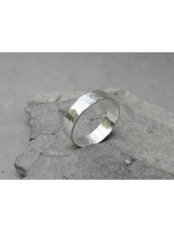 hammered silver ring, 7mm Wide Hand-Forged Unisex Band with Textured Finish