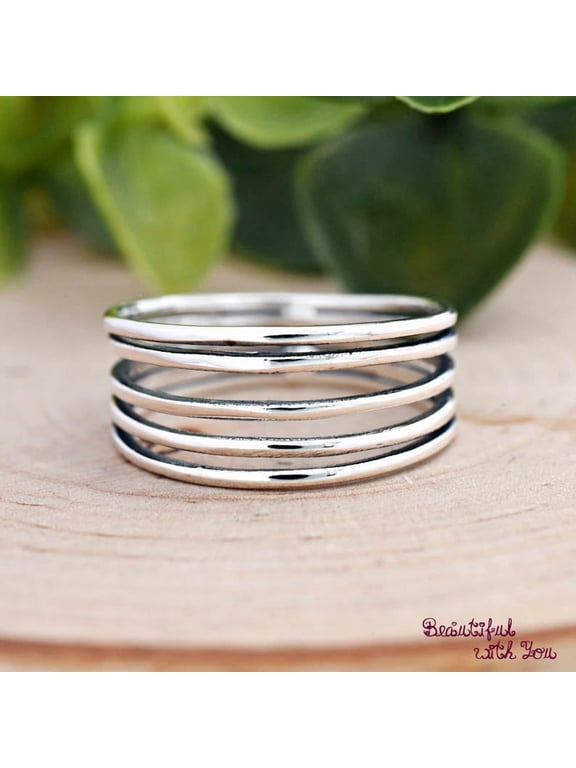 multi-layered silver ring Five Stripe Band, Polished Stackable Fashion Ring
