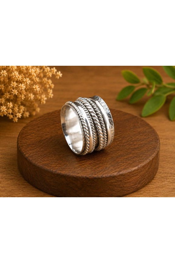 silver spinner ring, Adjustable Boho Fashion Band with Rotating Design