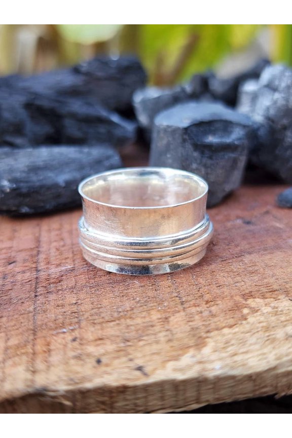 silver spinner ring Adjustable Wide Band with Smooth Rotating Motion