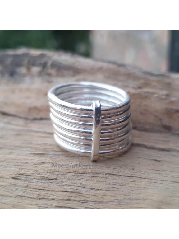silver stacking rings set, 7-Piece Adjustable Lightweight Textured Band Collection