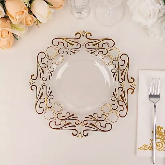 ELARA- 10 Clear 8 In Round Disposable Dinner Plastic Plates Gold Baroque Design Party
