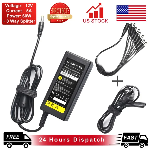 ELARA- 12V 5A Ac Adapter Charger 8 Split Cable Power Cord For Security Camera Cctv Dvr