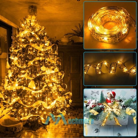 ELARA- 15.4Ft 50 Led Ribbon Bows Fairy String Lights Battery Christmas Tree Party Decor